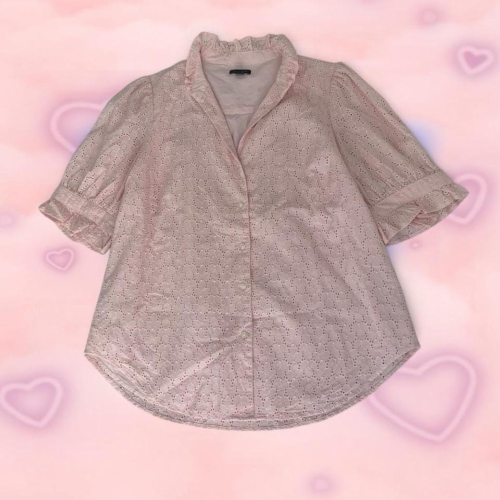 Ann Taylor Light Pink Eyelet Button-Down Blouse with Ruffle Collar
